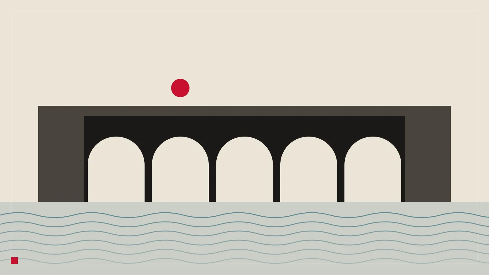 A black stone bridge with five arches over blue water, with a red sun above the left bank.