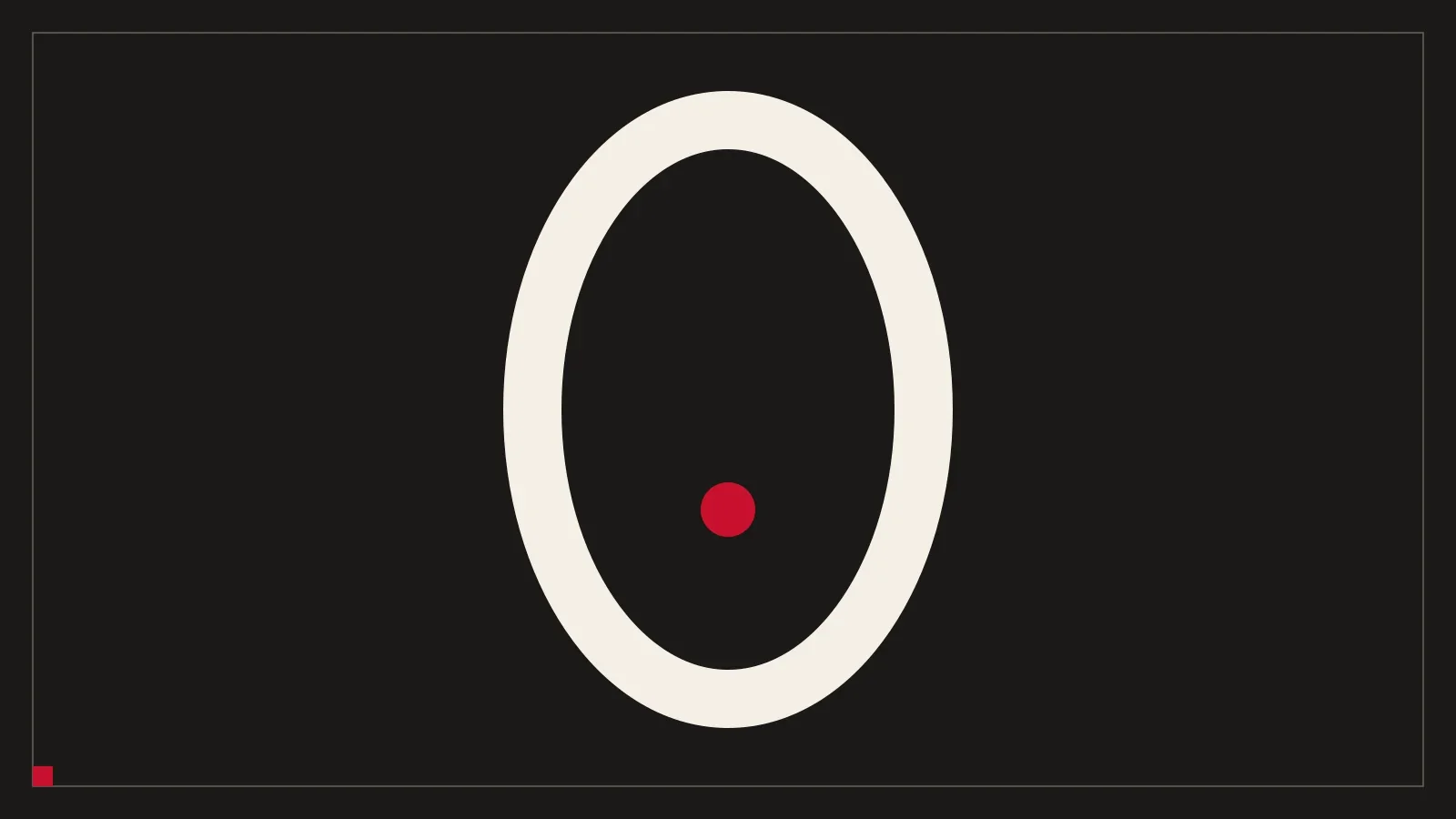 A tall white ring on a black background with one small red dot inside it, a shape like a zero.