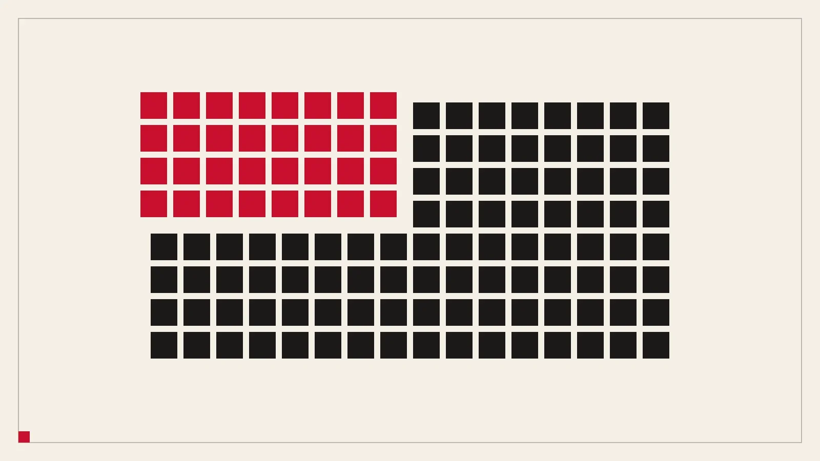 A block of black squares with a quarter of them in red pulled out of the top left corner.