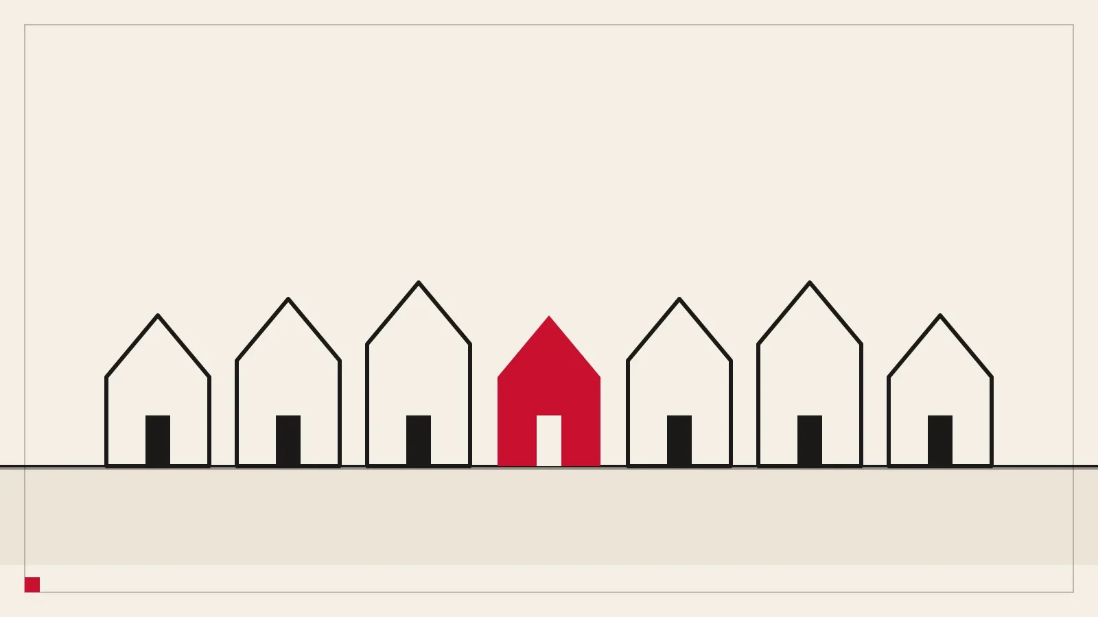 A row of outlined houses on a baseline, one filled in red.
