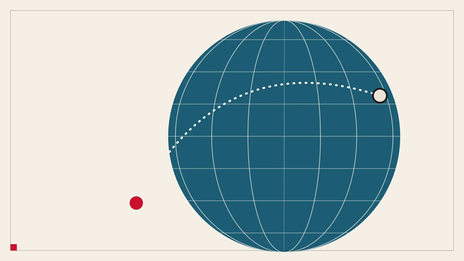 A blue globe with white meridians and a dotted white route from a red dot to a ring at the upper right.