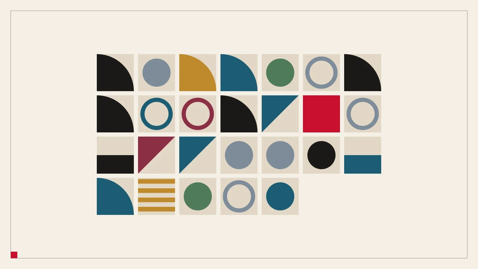 A grid of twenty-six square tiles, each with a different pattern in black, blue, ochre, green and claret, one in solid red.
