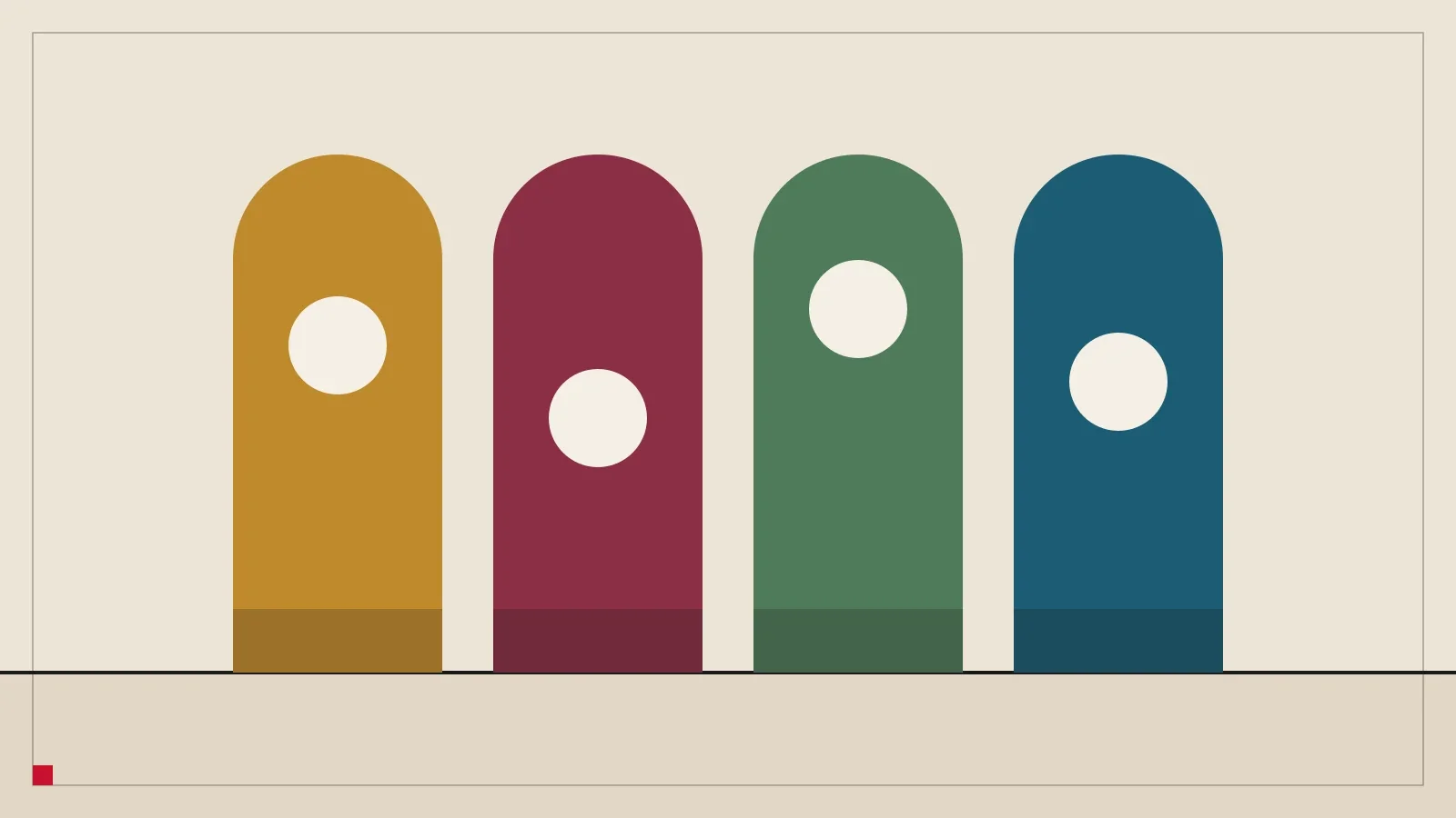 Four tall arched windows in ochre, claret, green and blue, each with a white sun, standing on a baseline.