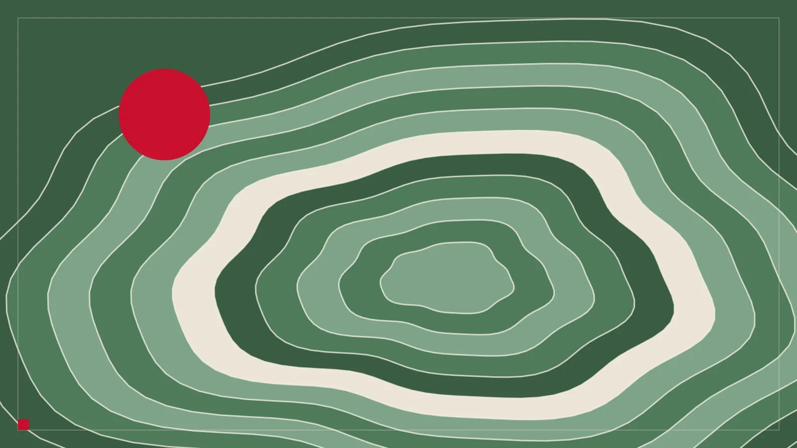 Nested contour bands of green terraces on a dark green ground, with a red sun at the upper left.