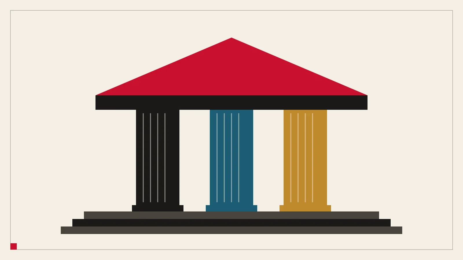 A temple front with a red pediment and three columns in black, blue and ochre.