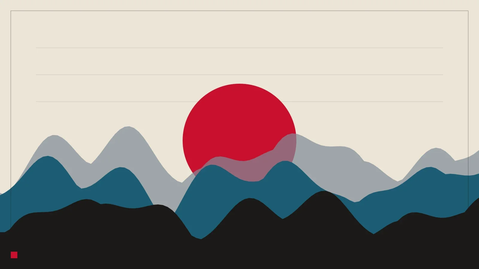 A red sun rising behind three overlapping mountain ridges in slate, blue and black.